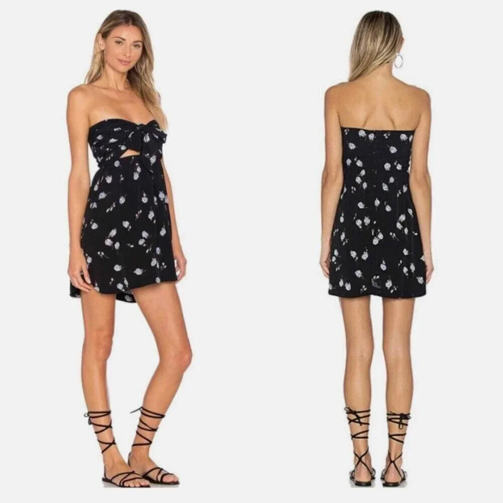 For Love and Lemons Strapless  Floral Tie Mini Dress Black Size Medium